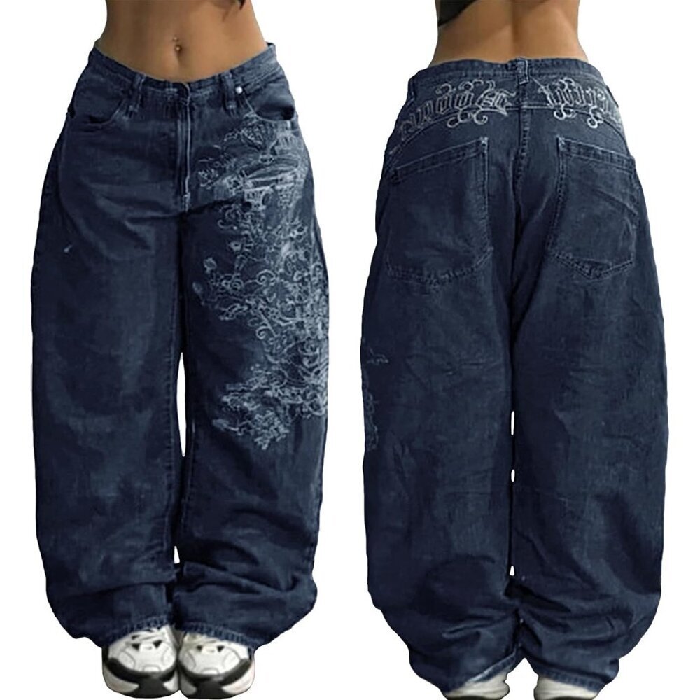 Women Baggy Hip Hop Jeans Mid Waist Wide Leg Denim Casual Streetwear